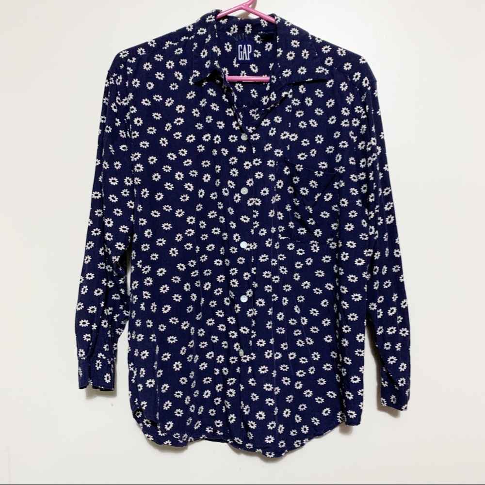 Vintage Dark Blue Floral Button-Down Shirt
